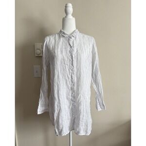 Garnet Hill Womens Medium Long Sleeve Button Up Shirt Linen Striped Coastal